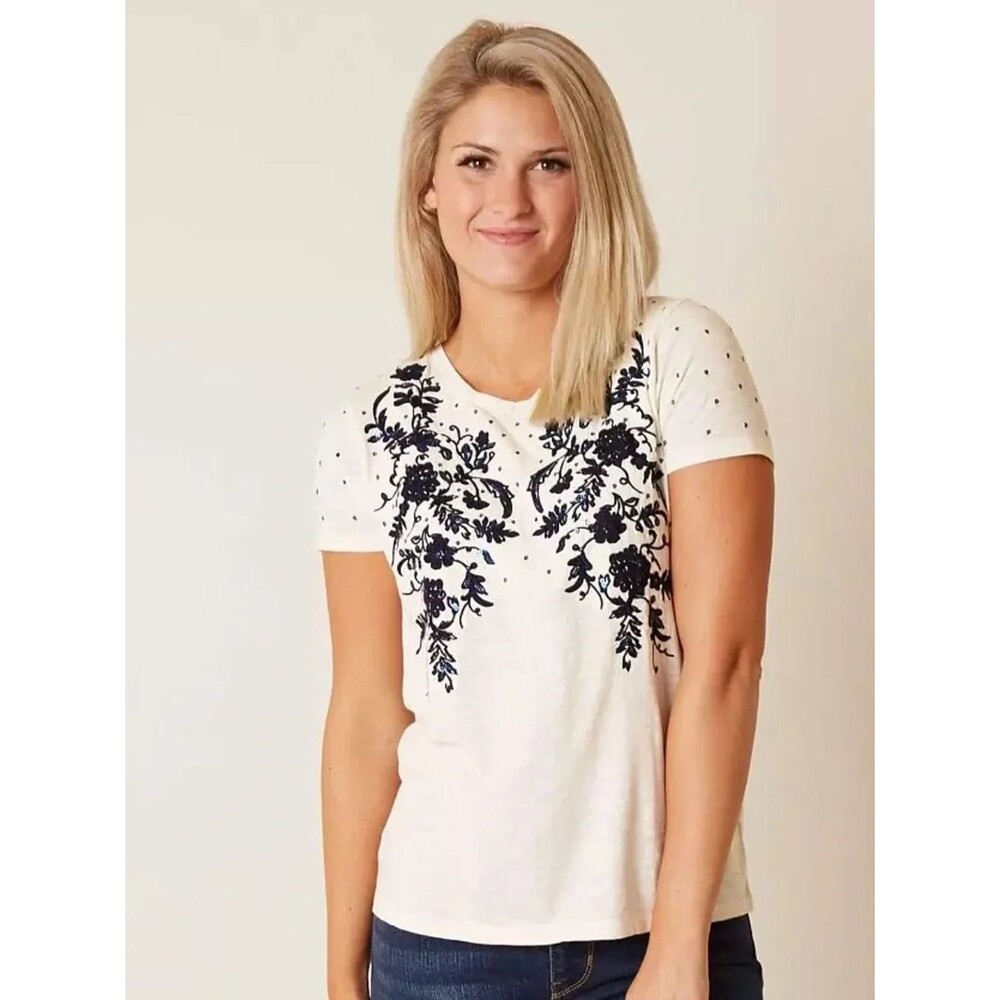 Lucky Brand Women's White T-shirt with Black Floral Print - Picture 2 of 6